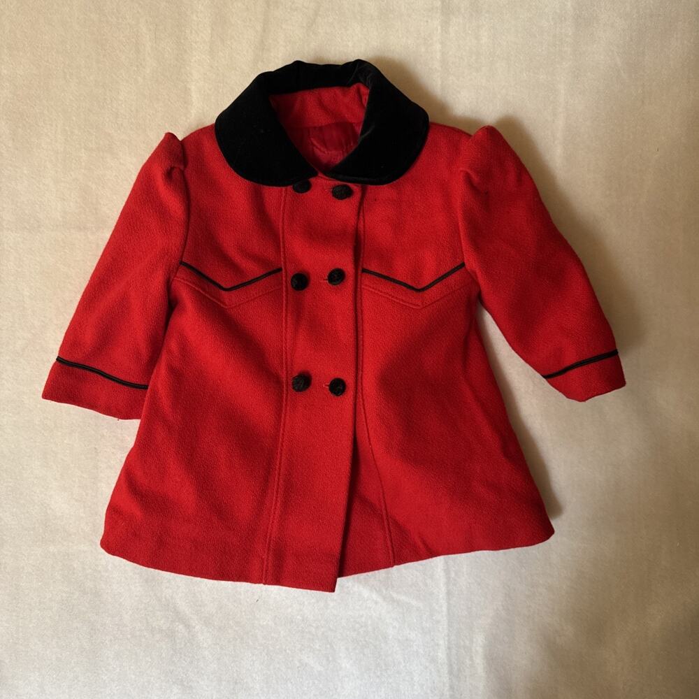 Vintage Freeway Fashions Button Black Collar Red Toddler Coat Size 2T